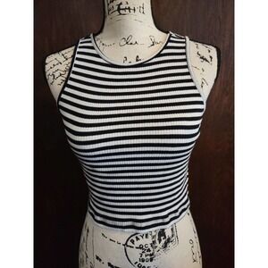 Ambiance Black White Womens Small Crop Cropped Top White Striped Cotton Stretch